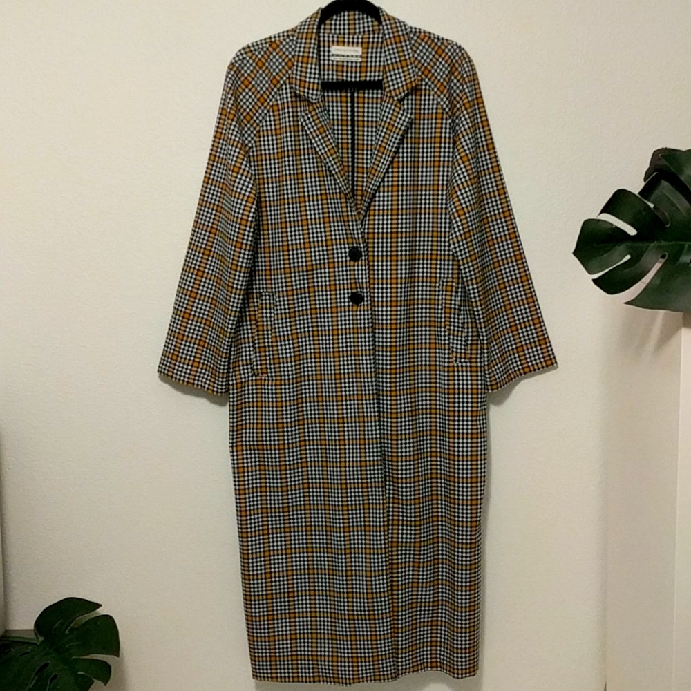 UO checkered button front duster coat